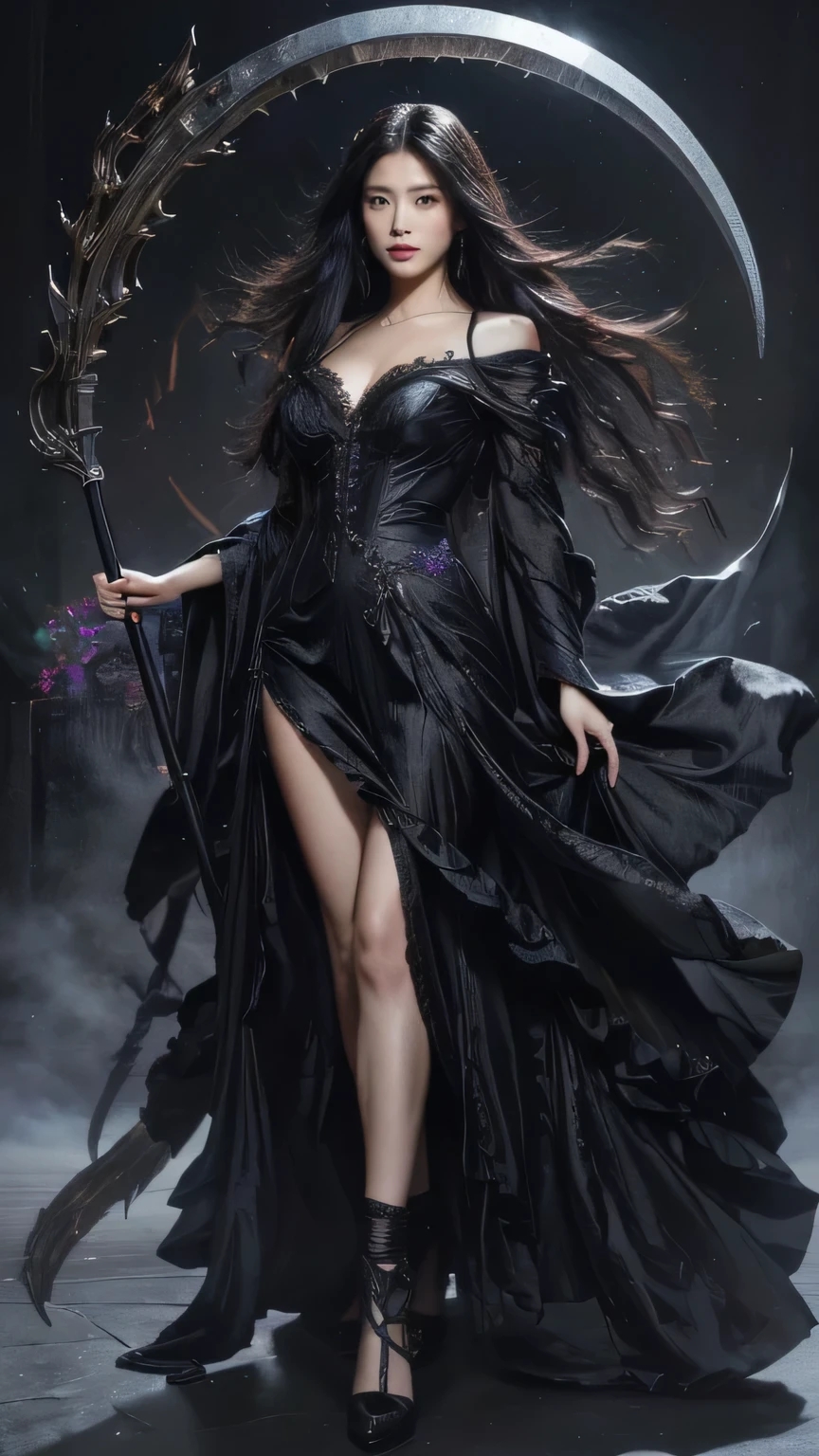 A realistic photograph-like portrayal of a beautiful female reaper. She has long black hair flowing naturally, with a powerful and mystical gaze. Her outfit is an antique, elegant dress, flowing in deep black and purple tones, with a sleek and intricate design. She wields a massive scythe, which is depicted with fine, realistic detail. The background features a dark night sky, creating a mystical atmosphere and emphasizing her commanding presence. The overall style is highly detailed, resembling a real-life photograph with deep attention to realism and depth in both the character and the background.
