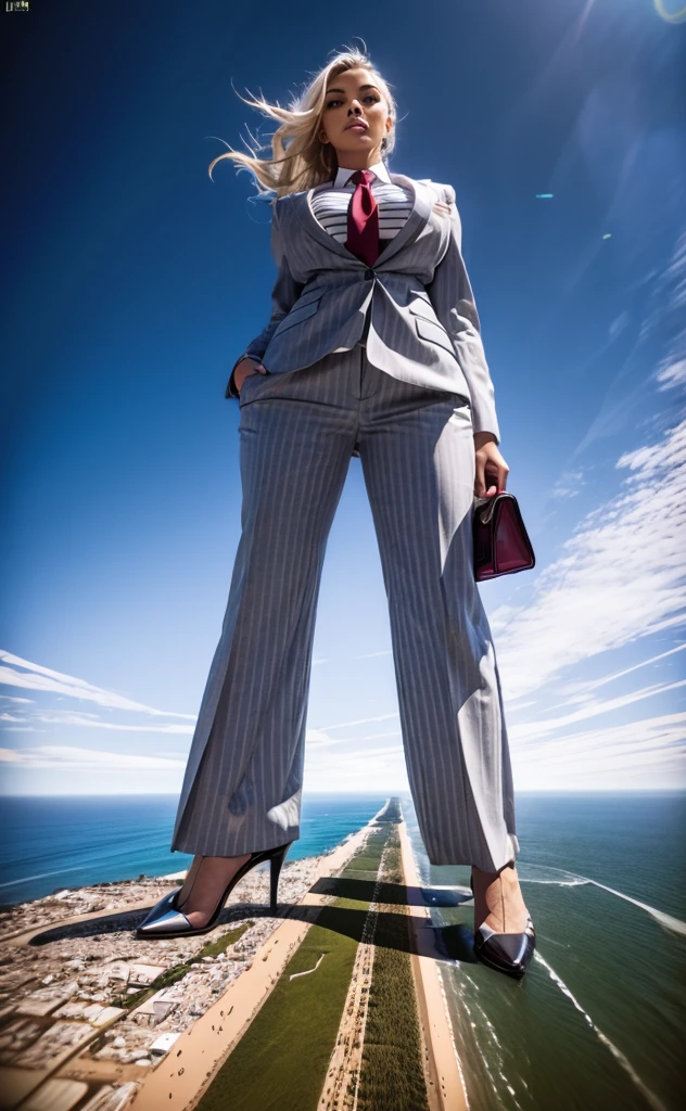 Giga Giantess art 1:4, two highly detailed giga giantess, blonde hair, a teenage bbw white girl full body view, 1000 miles giga giantess, giga giantess so massive the world is very small to her, huge breasts, light grey pinstriped three-piece suit and blazer, white tailored shirt, tie done up in a thick and massive Windsor knot light red tie, tie length reaches just passed the top of trousers, Has long full wavy ponytail, Wearing a pair of  polished round toe court heels Professional attire A look of enjoyment, Beautiful appearance, smile, horny (view from the ground)giga goddess, full body view, standing striaght, towering over a very tiny planet in space, giantess so big she can see the whole coast line of USA, facing towards camera, from below Looking up at the sky between the skyscrapers,The view from the building, 
Giantess too big to imagine, It approaches while destroying all buildings on the ground., smiling at us