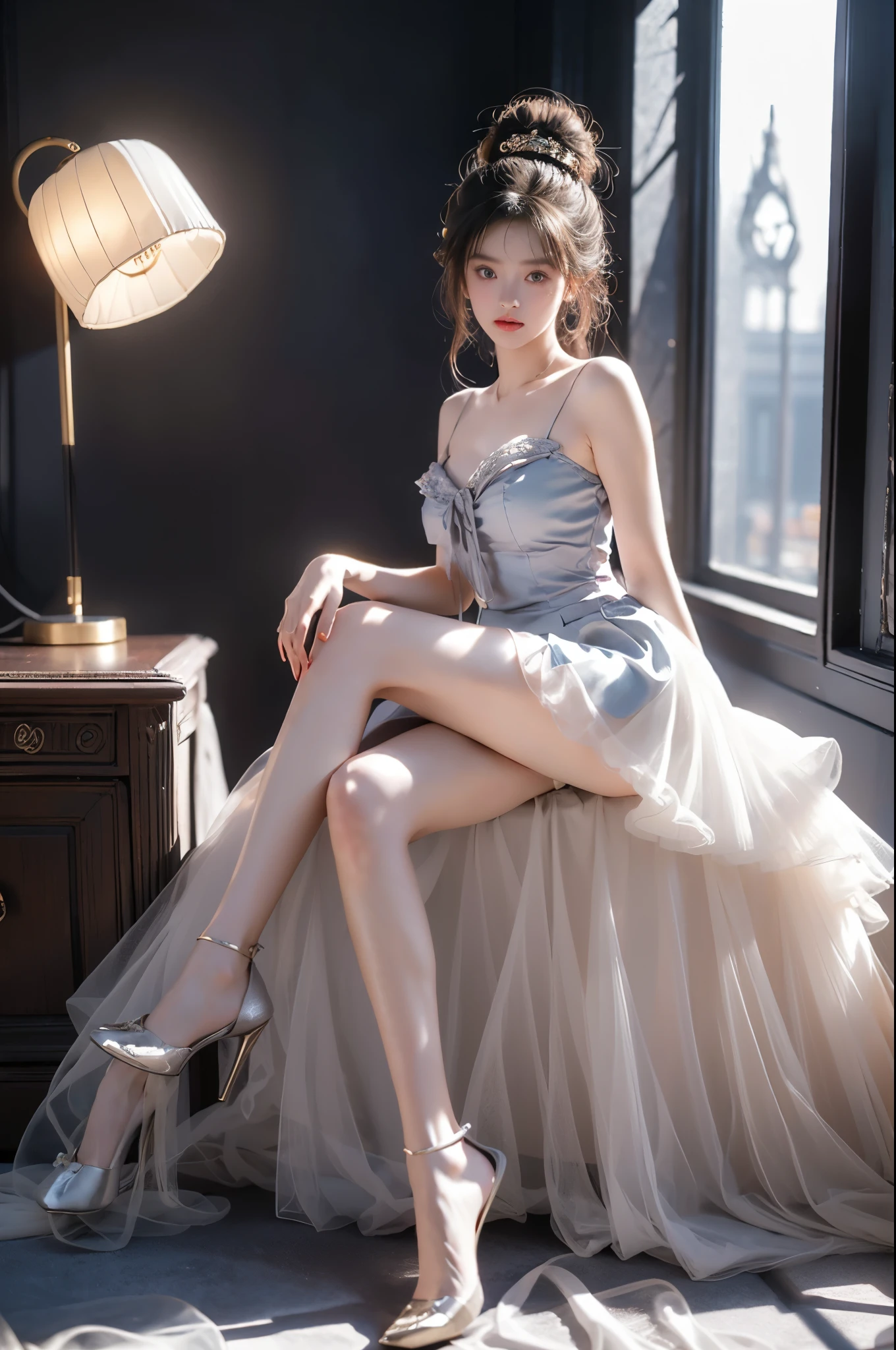 luotianyi ,, (photorealistic:1.2), beautiful young woman, (Full bust, visible cleavage, very short hemline), (full body shot:1.4), elegant pose, (Sitting on a low bed in an antique room), (anatomically perfect legs:1.4), (graceful leg posture:1.2), (dark moody atmosphere:1.3), (rococo style:1.1), (proper leg proportions:1.3), soft pastel colors, ethereal lighting, surreal elements, cinematic composition, intricate details, high fashion, perfect symmetry, Studio lighting, High quality, Masterpiece, 8k uhd, gorgeous details, Dramatic shadows, Fashion Model legs, professional leg poses, runway model proportions, full figures, High fashion photography, professional photography, Perfect composition, Golden Ratio