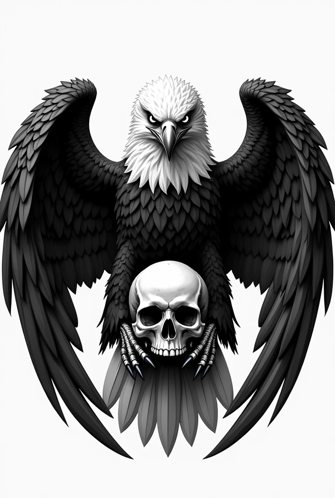 Angry hawk carrying a skull in its talons showing its wings, in black and white