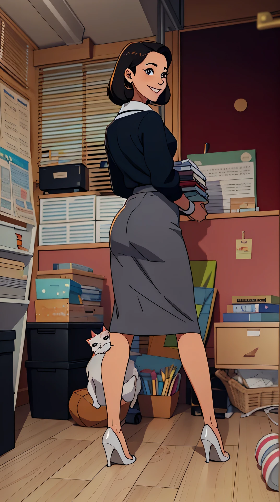 there is a woman standing in a room with a cat, long shot from the back, long shot from back, wearing skirt, grey skirt, office clothes, (sfw) safe for work, full growth from the back, pencil skirt, work clothes, profile picture, wearing a skirt, full body wide shot, centered full body rear-shot, photo still of behind viewHD,young people, cartoons, happy, happy, excited, excited, joyful, ((surprise)), carefree, beautiful eyes, cute, smiling face, UWU, happy, proud, ((smiling face)),;3, uwu