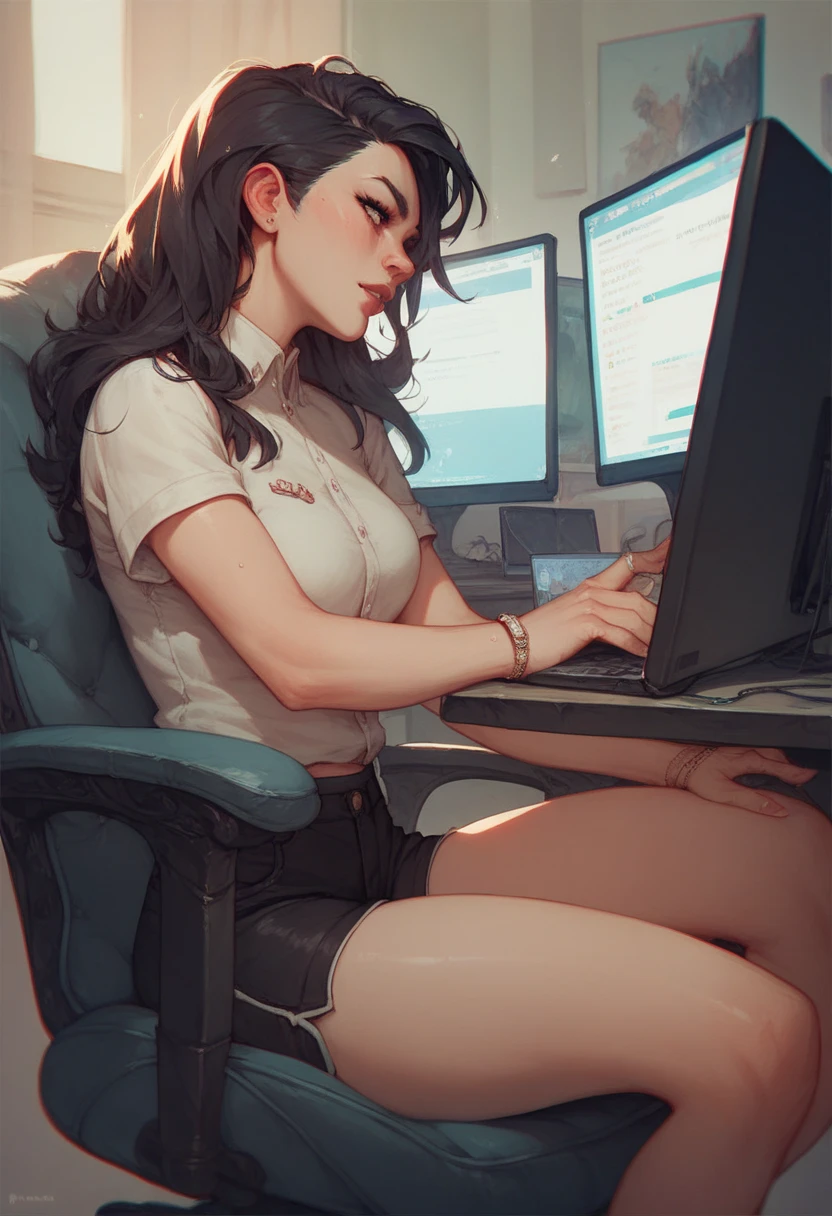 beautiful woman, perfect body, tattooed, sitting in a computer chair, pose sensual
