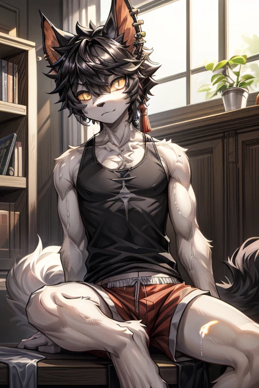 (masterpiece, 4K, ultra detailed), wolf furry, single, dark gray fur, light gray belly fur, short hair, masculine, smooth shading sunny, bed, muscular, blush, flirty, naked, lying, cumshot, load of cum, anime, brown anime eyes, dark hard penis