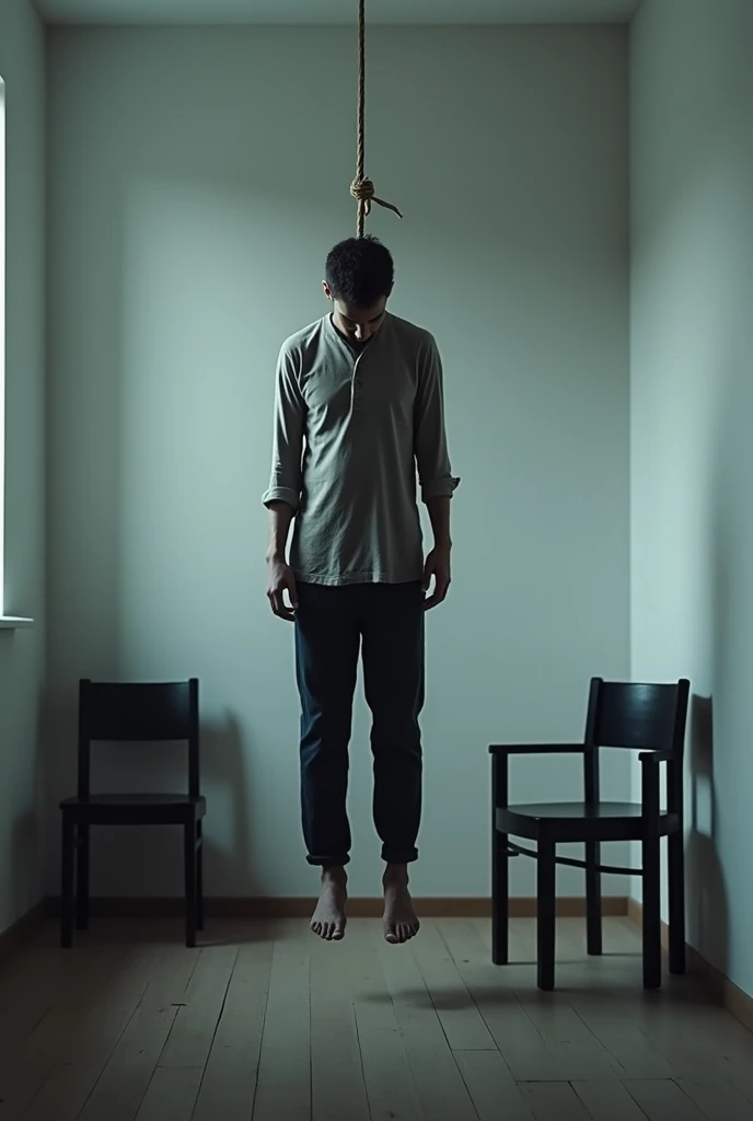 Main tied on chair rope in his waist shirt on