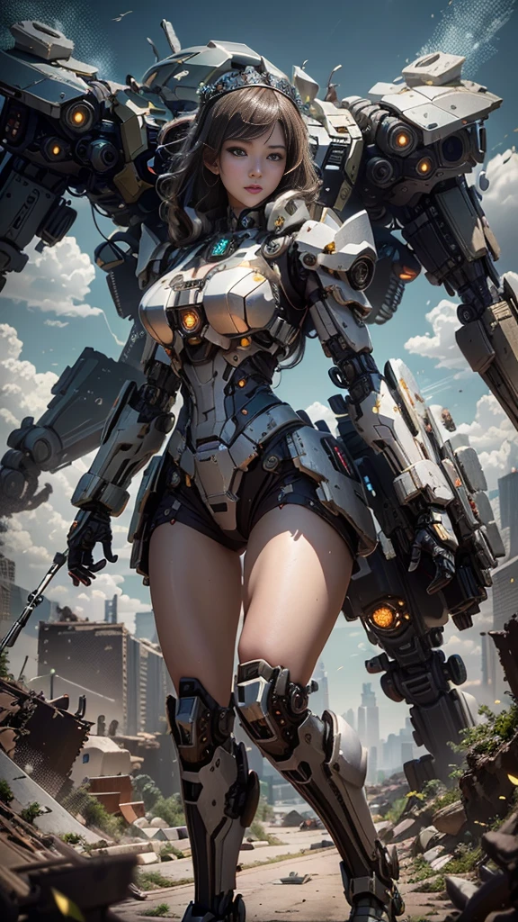 ((Best Quality)), ((Masterpiece)), (Very Detailed:1.3), 3D, Shitu-mecha, Beautiful cyberpunk woman wearing a crown with her mecha in ruins of a city of forgotten wars, streets with mecha in firefight, long silver hair, sci-fi technology, HDR (High Dynamic Range), ray tracing, NVIDIA RTX, super resolution, Unreal 5, subsurface scattering, PBR texture, post-processing, anisotropic filtering, depth of field, maximum sharpness and sharpness, Multi-layer textures, albedo and specular maps, surface shading, accurate simulation of light-material interactions, perfect ratios, octane rendering, duotone lighting, low ISO, white balance, rule of thirds, wide aperture, 8K RAW, efficient sub-pixels, subpixel convolution, luminous particles, light scattering, Tyndall effect