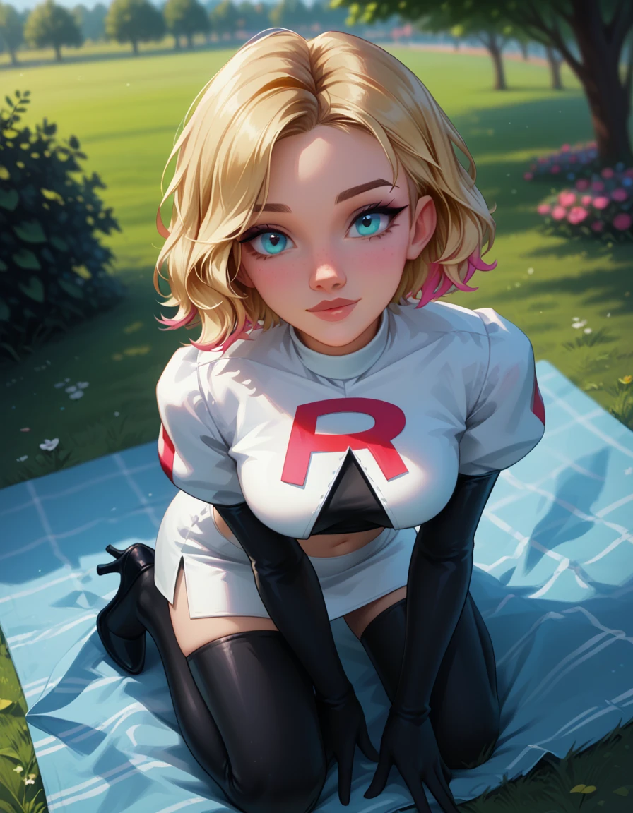 score_9, score_8_up, score_7_up, 1girl, solo, beautiful waifu, thicc, (short hair Gwen Stacy, blonde, colorful highlights:1.2), detailed eyes, detailed face, flirt, looking up at viewer, Cosplay_TeamRocket, team rocket uniform, white jacket, cropped jacket, white skirt, elbow gloves, black thigh highs, heels, (kneeling, sexy pose:1.3), in beautiful green park, on picnic blanket, trees, lowlight, early evening, shallow depth of field, (POV, shot from above:1.1).