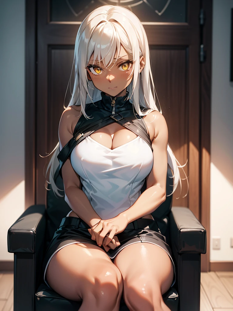 (​masterpiece、top-quality、hight resolution、Unity 8k、extremely details CG:1,Best Picture), ((from front)),Grey hair, yellow eyes,((((dark skin)))), Emphasis on cleavage, "A young woman sitting in a brightly lit room, designed to resemble a casual interview setting. She has a slightly shy expression, avoiding direct eye contact while lightly smiling. Her posture is formal, with hands neatly clasped on her lap. The setting is indoors, featuring soft lighting and a cozy atmosphere, with a clean and simple background, like a living room or studio with subtle decor. She is wearing a casual yet fitted outfit that highlights her features without being overly revealing. The woman exudes an approachable yet nervous energy, as if responding to personal questions during an interview. The camera angle captures her from the front in a mid-range shot, ensuring her upper body and face are clearly visible. Bright and clean environment, warm tones."