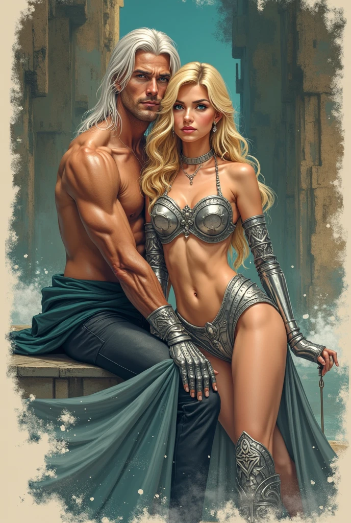 on the beach, 5 small full body, naked, naked woman lie on ground, small man riding white horse white looking back, white feather cloak, shield, bow, sword, female greek god, white hair, masculine, mature, naked, hairy torso, fantasy, intricate, elegant, highly detailed, digital painting, artstation, concept art, smooth, sharp focus, illustration, art by gaston bussiere and alphonse mucha, almost naked