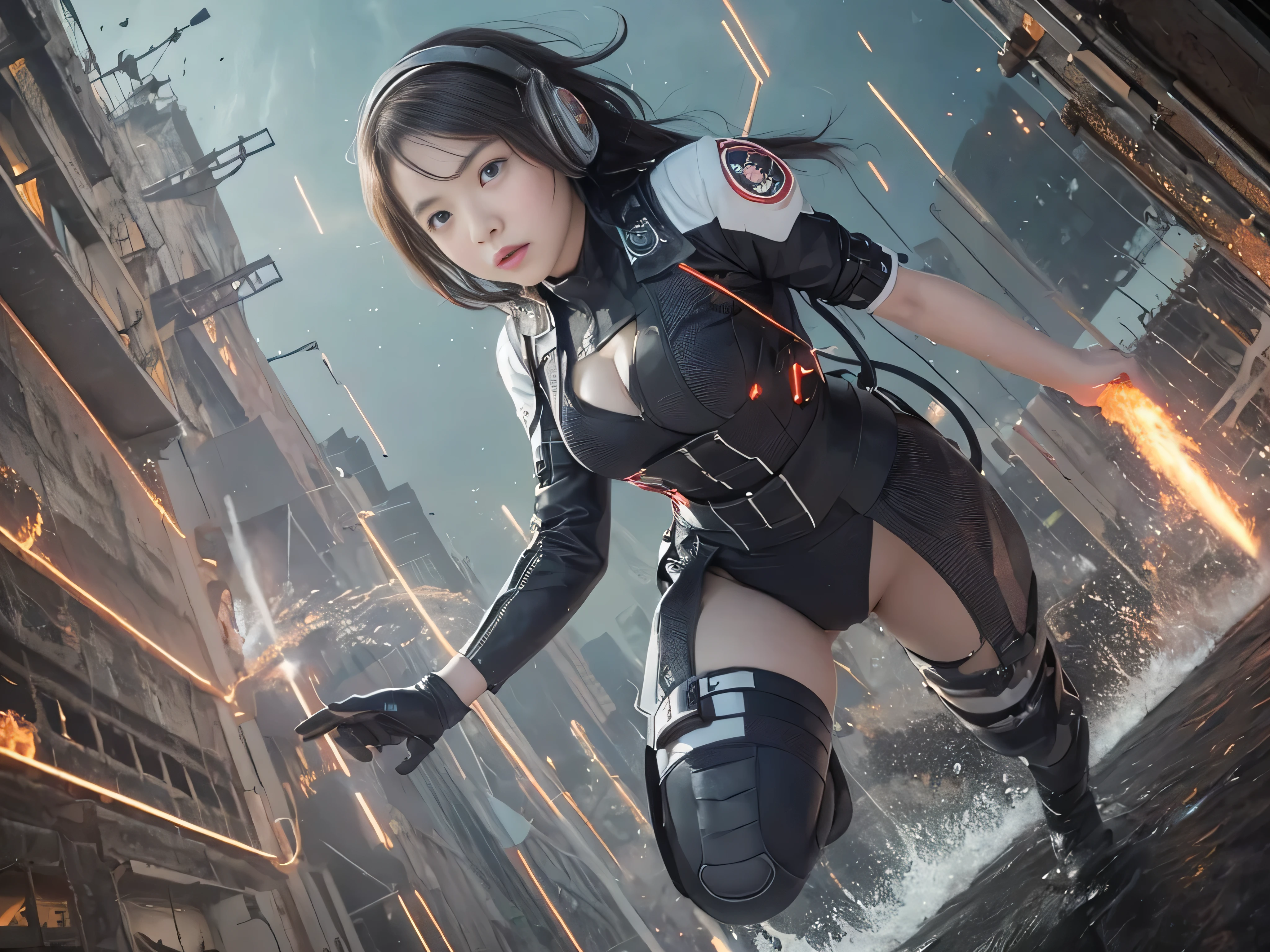 Top image quality, 电影灯光, octan render, ultrasharp, 1 girl in, japanes, embarassed face, glowy skin, Brown hair, Futuristic pilot suit, cleavage of the breast, Exposure of the abdomen, intricate detailes, Runaway, Running at full speed, Breaking through the glass, Shards of flying glass, cyberpunked, Night sky with countless stars twinkling, Shining Milky Way, Heavy rain:1.3, Ruins, Laser beam attack, big explosion:1.3, Pillar of fire:1.2, A city engulfed in flames, floods, wetting hair:1.5, wetted skin:1.5, puddle, Detailed eyes, detailed skin textures, cammel toe, Detailed CG image quality, 8mm fisheye lens, Angle looking up from below:1.2, (Full Body Angle), The whole body is soaking wet, Fast shutter speed,