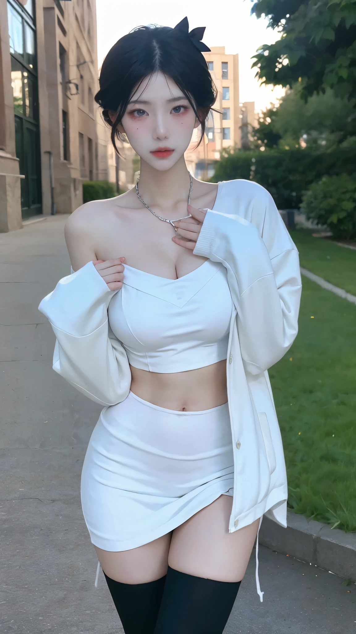 Beautiful woman with perfect figure:1.4,snow,Touching butt with both hands,snow背景,Layered Hairstyle,White skin,Prominent cleavage,Pleated Skirt,whole body,Very delicate face and skin texture,Double eyelids,Skin Whitening,Long white hair