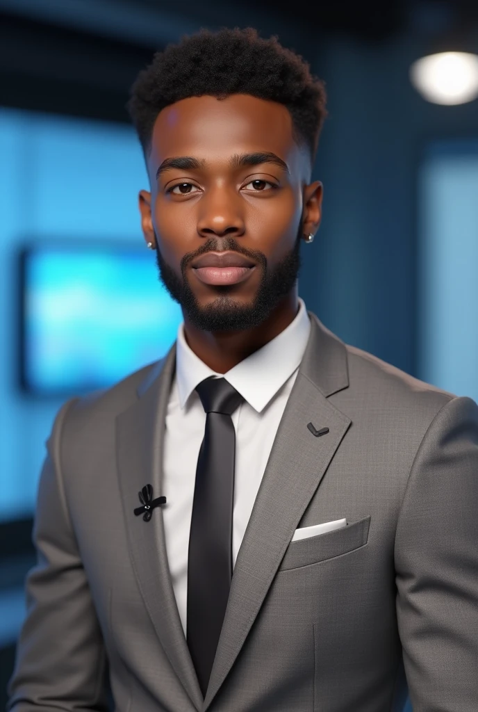 Realistic, (masterpiece, best_quality:1.1),symmetric portrait, looking at camera,1 black man, 30-years-old,young,zegna, Drop+7, Double vents, Notch lapels, Flap pockets, 2-button closure, Fully lined, Deconstructed, 100%+Wool, navy suit, wearing a undercloth and tie, oxford knot, A professional black male news presenter, making engaging eye contact with the viewers, The studio background is sleek and modern, sitting behind broadcaster anchor desk, with news graphics displayed on the screens in the background,ensure clarity and detail,hyperdetailed, photorealistic,