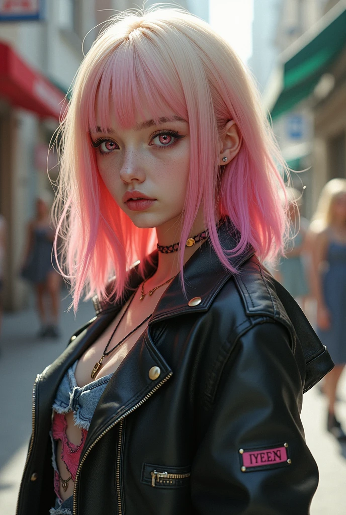 (top-quality、8K、32K、​masterpiece、nffsw:1.3)、(Photorealsitic:1.4),18-year-old punk girl,Wacky punk hair,punk fashion,A pink-haired,Wacky makeup、Street background,depth of fields,blurry backround,,,,,,,,,,,,