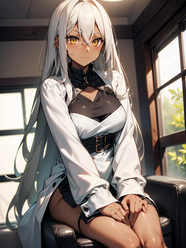 (​masterpiece、top-quality、hight resolution、Unity 8k、extremely details CG:1,Best Picture), ((from front)),Grey hair, yellow eyes,((((dark skin)))), Emphasis on cleavage, "A young woman sitting in a brightly lit room, designed to resemble a casual interview setting. She has a slightly shy expression, avoiding direct eye contact while lightly smiling. Her posture is formal, with hands neatly clasped on her lap. The setting is indoors, featuring soft lighting and a cozy atmosphere, with a clean and simple background, like a living room or studio with subtle decor. She is wearing a casual yet fitted outfit that highlights her features without being overly revealing. The woman exudes an approachable yet nervous energy, as if responding to personal questions during an interview. The camera angle captures her from the front in a mid-range shot, ensuring her upper body and face are clearly visible. Bright and clean environment, warm tones."