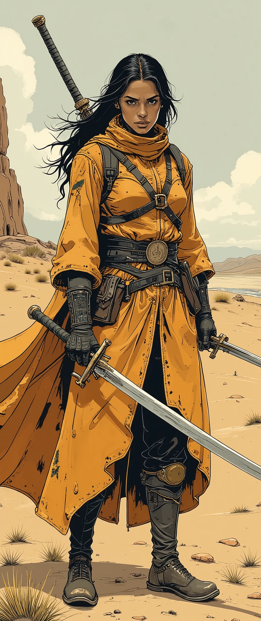 (    Masterpiece    :1.2,   top quality),(  very detailed),  best illustrations ,8k,16k,  wallpaper,(Lone traveler  ),(   Fantasy World ),(rpg),(Female Swordsman of the Desert :2.0)