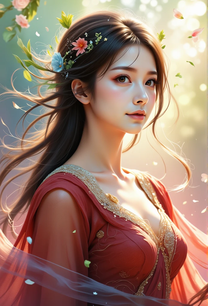 Spirit of the wind,side view portrait of a young asian woman, her hair flowing in the blue and colourful wind mixed with mist and dust. A illusionary and hyperrealitical scene of beauty. She is dressed in a wine red long dress with the elegantly intricated, adored.