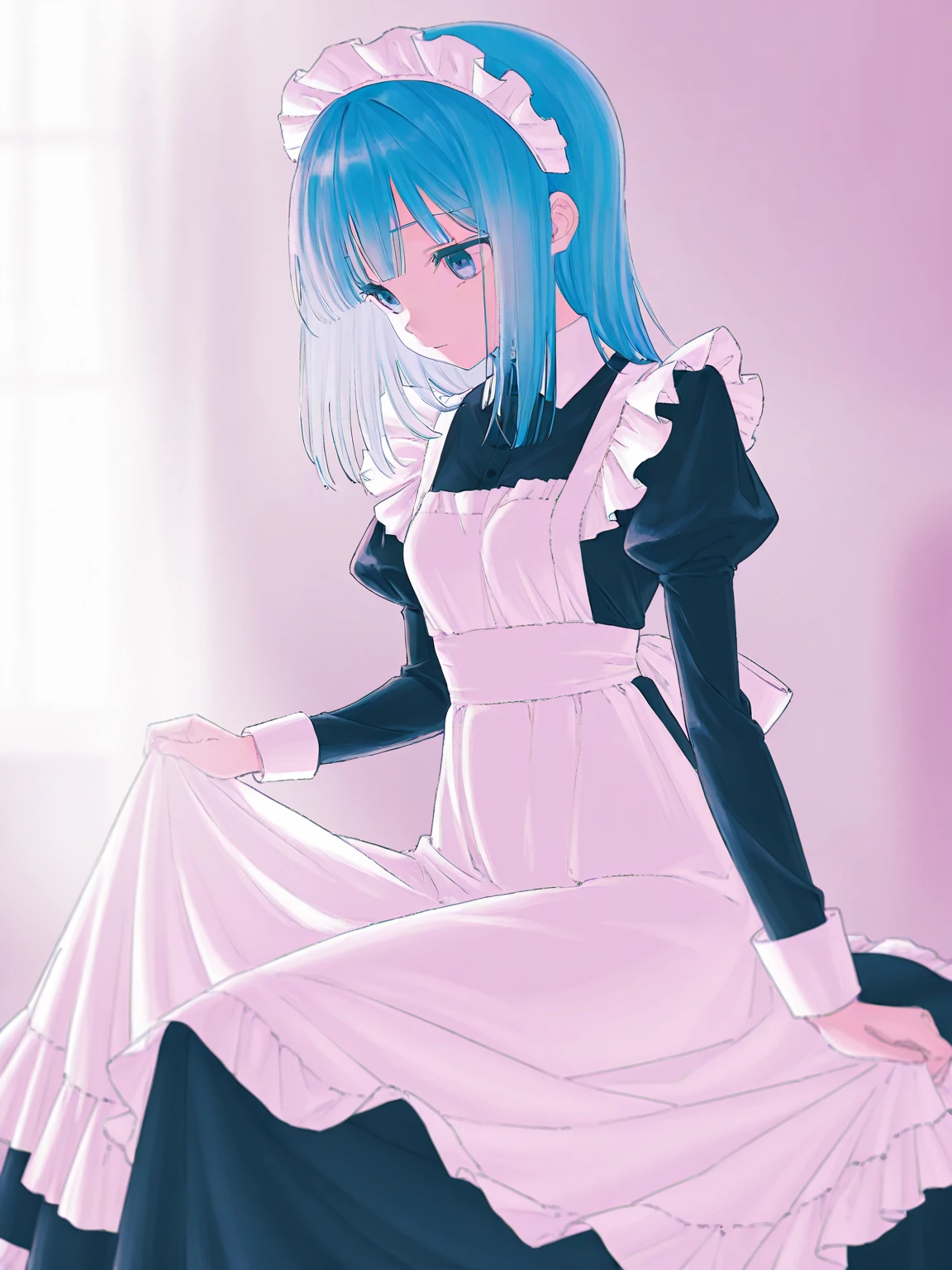 1girl,solo,short girl,too small girl,small breasts,pretty girl,medium hair,skyblue hair,straight hair,blue eyes,maid, maid apron, maid headdress, puffy sleeves,long skirt,