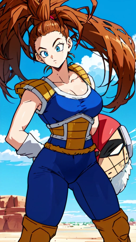 1girl, beard, sayan armor, long hair( side ponytail), brown hair, blue eyes, flaring Aura,  in a desert, blue sky, (best quality), ((masterpiece)), (detailed),  Saiyan Scouter, Saiyan_Scouter, scouter, tinted eyewear, saiyan armor, armor