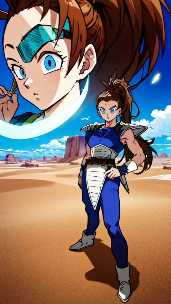 1girl, beard, sayan armor, long hair( side ponytail), brown hair, blue eyes, flaring Aura,  in a desert, blue sky, (best quality), ((masterpiece)), (detailed),  Saiyan Scouter, Saiyan_Scouter, scouter, tinted eyewear, saiyan armor, armor