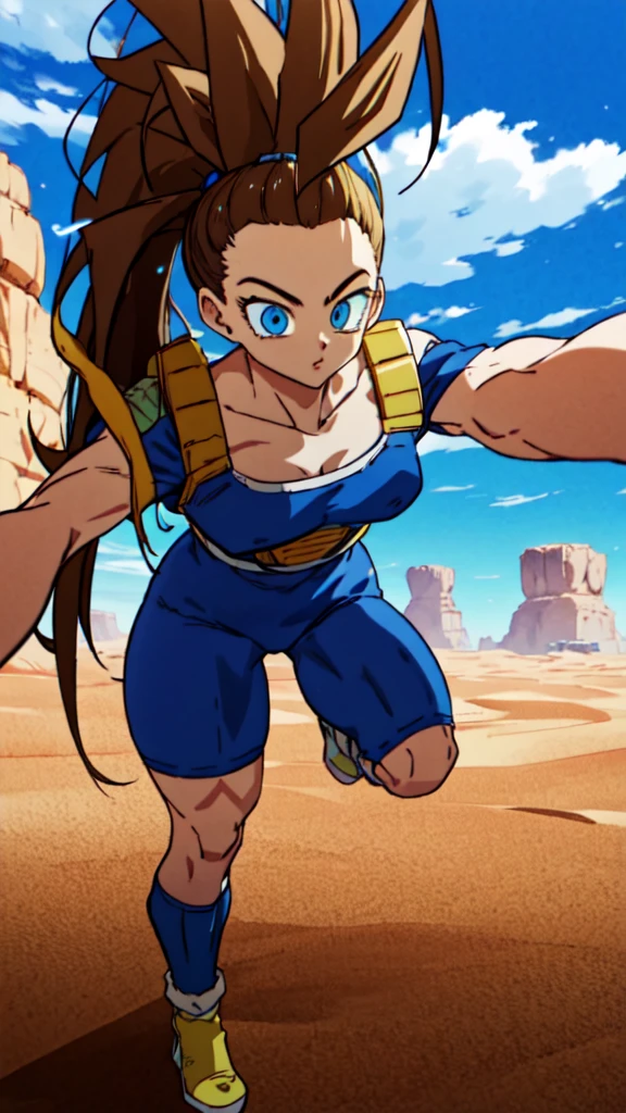 1girl, beard, sayan armor, long hair( side ponytail), brown hair, blue eyes, flaring Aura,  in a desert, blue sky, (best quality), ((masterpiece)), (detailed),  Saiyan Scouter, Saiyan_Scouter, scouter, tinted eyewear, saiyan armor, armor