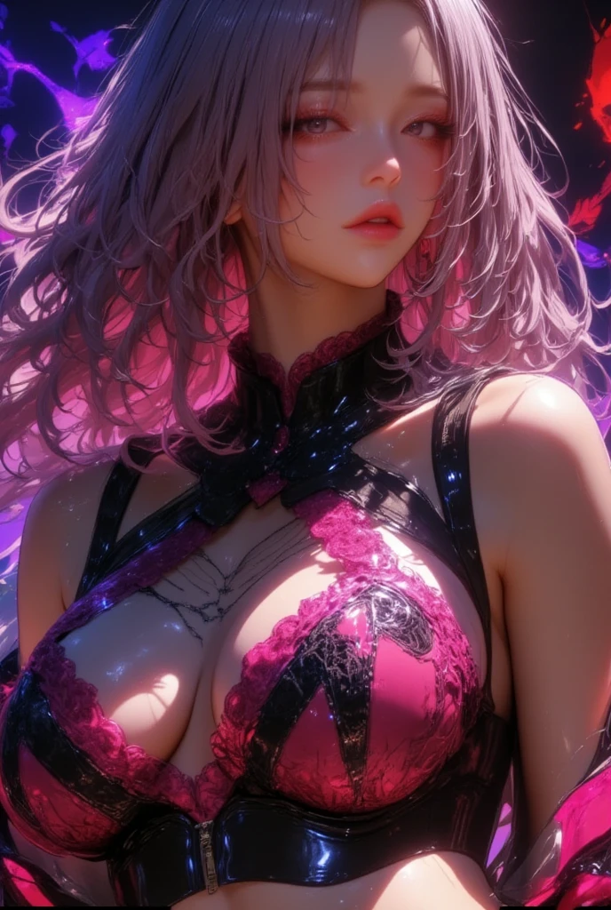 ((anime art: 1.5)), RPG art, Dark fantasy anime art, comic portrait  pin up picture of Barbie as a dominatrix queen (best details, Masterpiece, best quality :1.5), ultra detailed face (best details, Masterpiece, best quality :1.5), ultra feminine (best details, Masterpiece, best quality :1.5), wearing latex pink mini dress, pink stockings, pink high heels, long braided hair, hair pulled back, blond hair, dynamic background (best details, Masterpiece, best quality :1.5), ultra best realistic pictures , best details, best quality, 16k, [ultra detailed], masterpiece, best quality, (extremely detailed), ultra wide shot, photorealism, depth of field, hyper realistic painting, rpg portrait, Dark Fantasy page