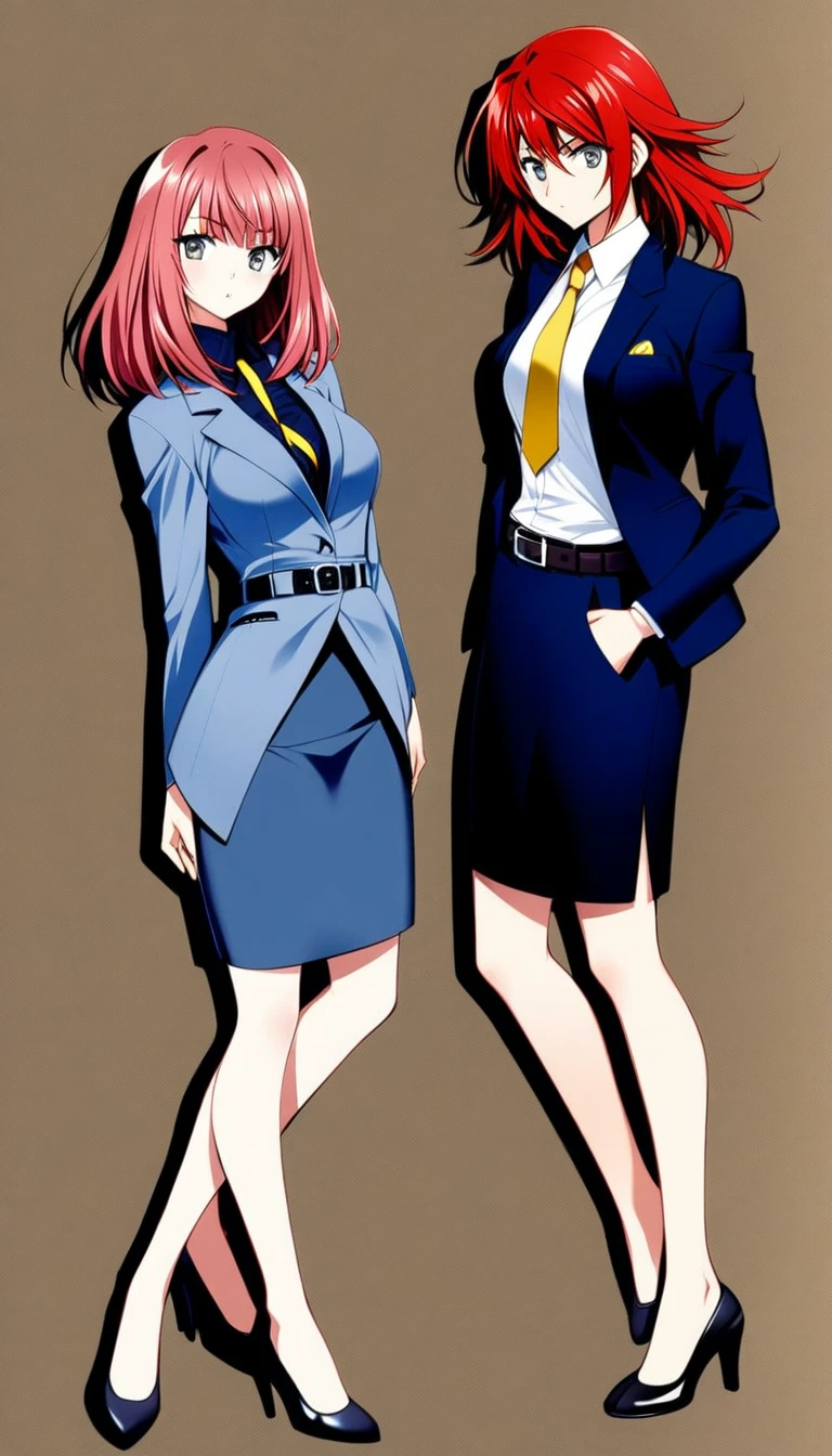 Tachibana Mayumi 、 red hair、 medium hair、bangs、 gray eyes、 full body style that reflects your whole body、 normal breasts、 narrow waist 、Bare legs、 in a suit、 navy blue jacket ,襟付き shirt, shirt, yellow tie ,belt,,  navy blue mini pencil skirt, black tights, BLACK HEEL PUMPS,