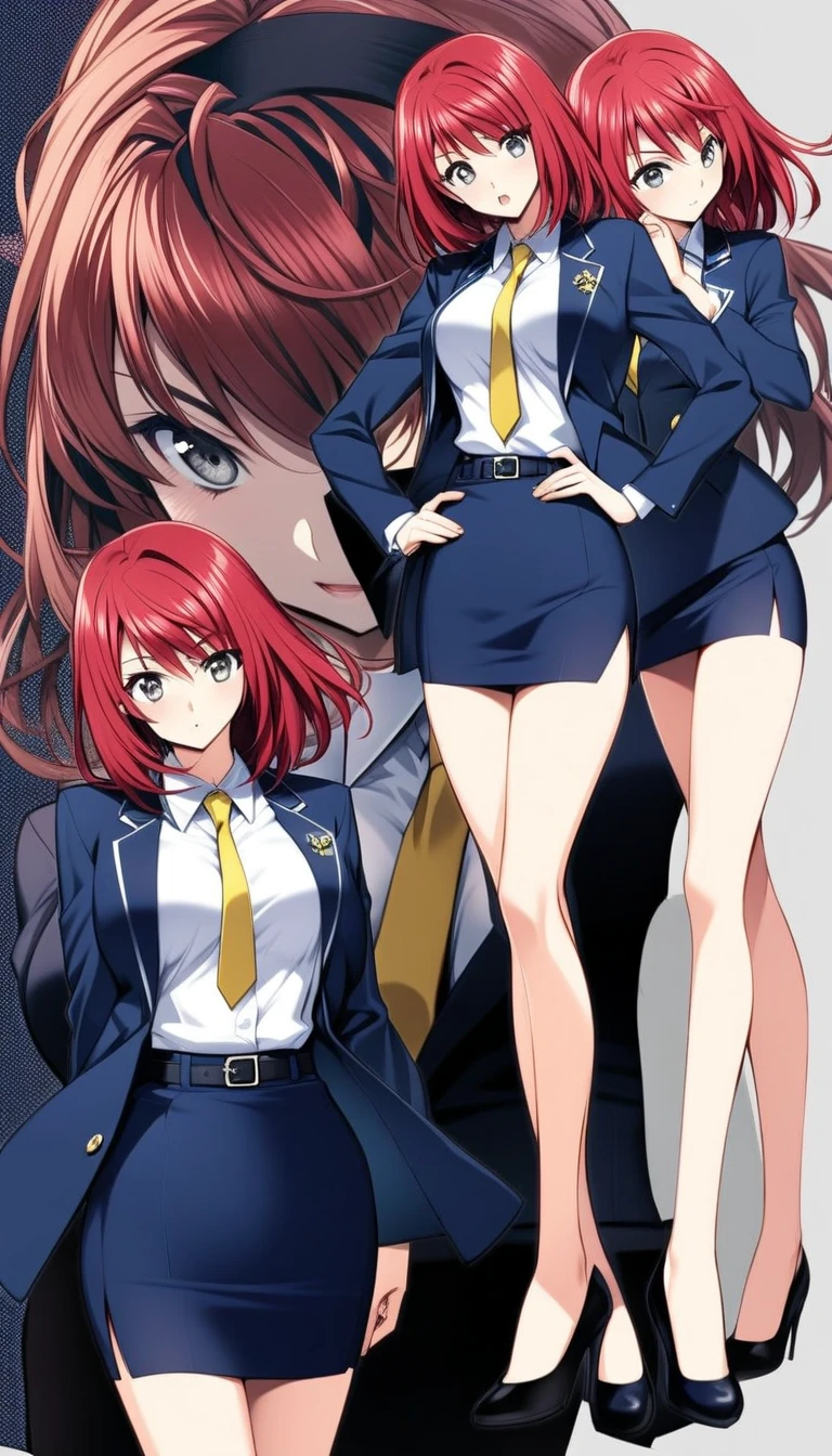 Tachibana Mayumi 、 red hair、 medium hair、bangs、 gray eyes、 full body style that reflects your whole body、 normal breasts、 narrow waist 、Bare legs、 in a suit、 navy blue jacket ,襟付き shirt, shirt, yellow tie ,belt,,  navy blue mini pencil skirt, black tights, BLACK HEEL PUMPS,