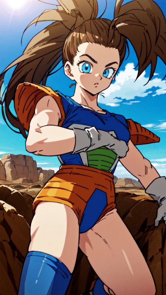 1girl, beard, sayan armor, long hair( side ponytail), brown hair, blue eyes, flaring Aura,  in a desert, blue sky, (best quality), ((masterpiece)), (detailed),  Saiyan Scouter, Saiyan_Scouter, scouter, tinted eyewear, saiyan armor, armor