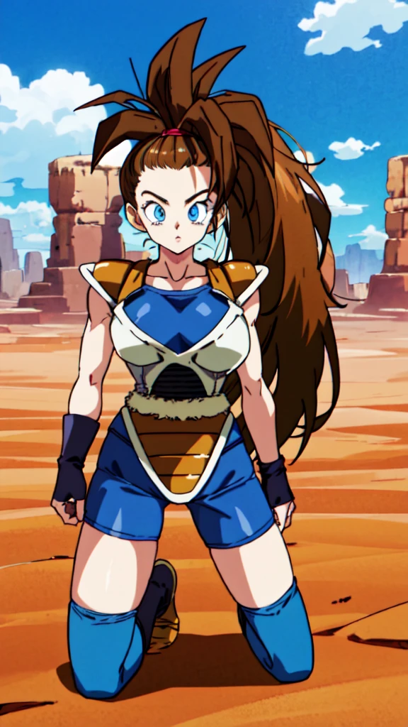 1girl, beard, sayan armor, long hair( side ponytail), brown hair, blue eyes, flaring Aura,  in a desert, blue sky, (best quality), ((masterpiece)), (detailed),  Saiyan Scouter, Saiyan_Scouter, scouter, tinted eyewear, saiyan armor, armor