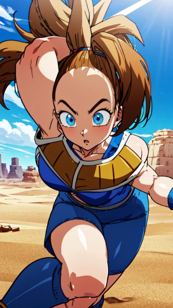 1girl, beard, sayan armor, long hair( side ponytail), brown hair, blue eyes, flaring Aura,  in a desert, blue sky, (best quality), ((masterpiece)), (detailed),  Saiyan Scouter, Saiyan_Scouter, scouter, tinted eyewear, saiyan armor, armor