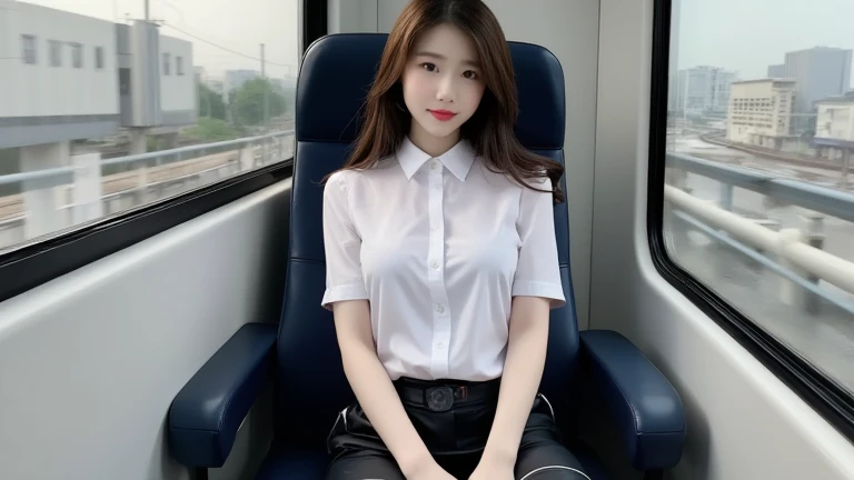 a beautiful, sweet, 25 year old Korean Kpop idol girl, is wearing office clothes and sitting in a train chair, her whole body is perpendicular facing the front of the camera and her head is slightly upwards slightly in front of the camera, because the camera's perspective is from the person standing saw the girl, and the train was a fast electric train in Korea that was running fast, you could see a blurry outside view from the window of the train,