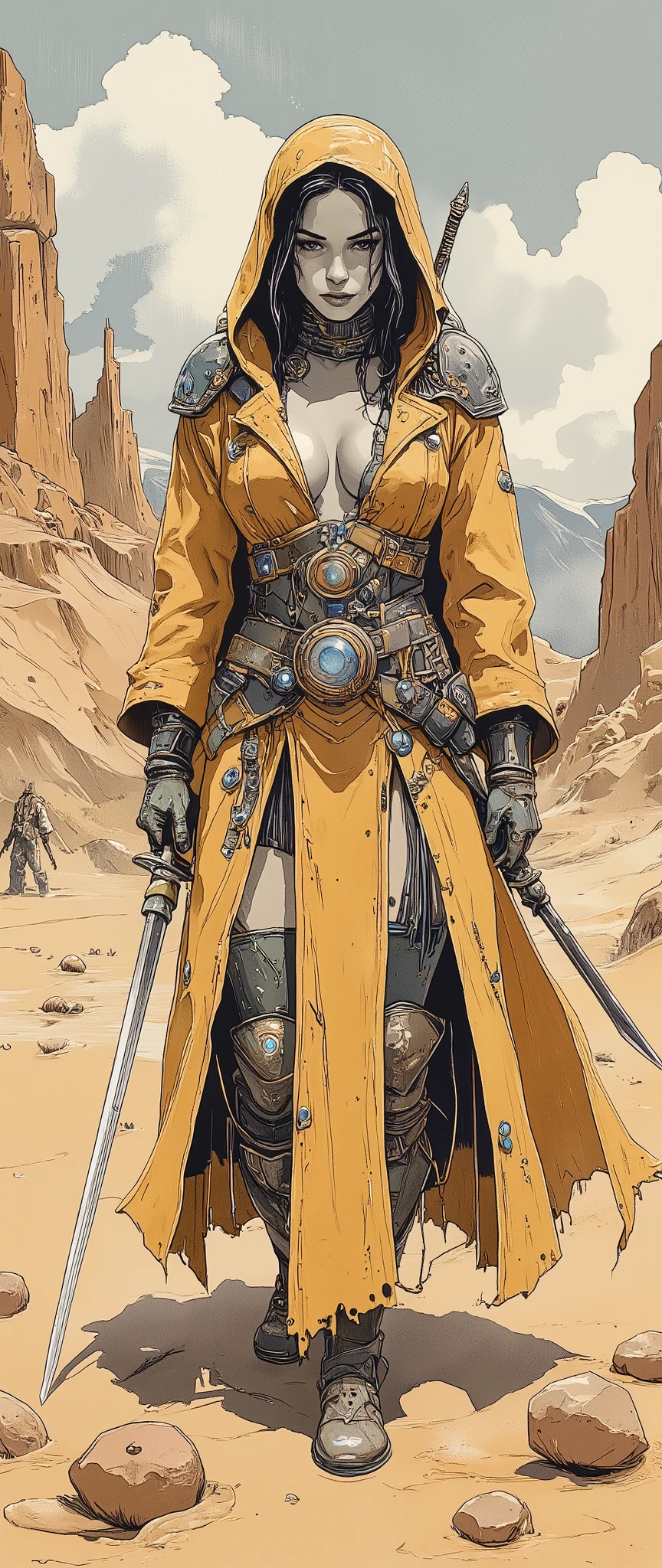 (    Masterpiece    :1.2,   top quality),(  very detailed),  best illustrations ,8k,16k,  wallpaper,(Lone traveler  ),(   fantasy world ),(rpg),(Female Swordsman of the Desert :2.0)