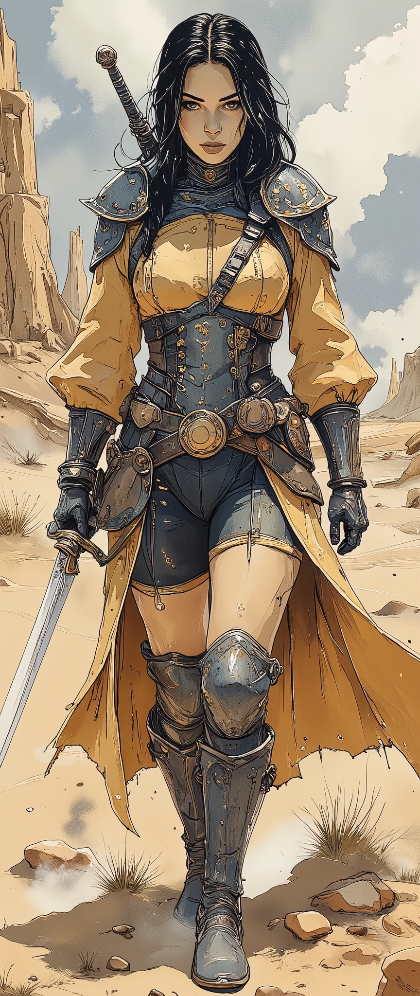 ( Masterpiece :1.2, top quality),( very detailed), best illustrations ,8k,16k, wallpaper,(Lone traveler ),( Fantasy World ),(rpg),(Female Swordsman of the Desert :2.0)
