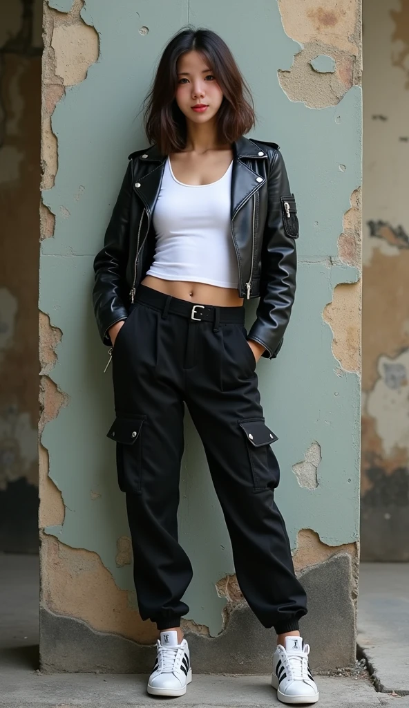 8k, RAW photo, best quality, ultra high resolution, photorealistic, realistic photo skinny brunette girl construction worker, realistic photo of ((skinny brunette girl), slim face, tanned skin, black hair, ponytail hair), on the construction site, bricks, concrete, hammer, shovel, (full body picture), wearing construction gear, wearing brown cargo pants, (brown cargo pants) ,wearing white t-shirt, (white t-shirt), wearing black leather jacket, (black leather jacket), wearing white safety hat, safety hat, sexy pose, looking at viewer, sexy face, smirking, (extremely detailed CG unity 8k wallpaper), Sharp focus, dramatic, (bright neon light)