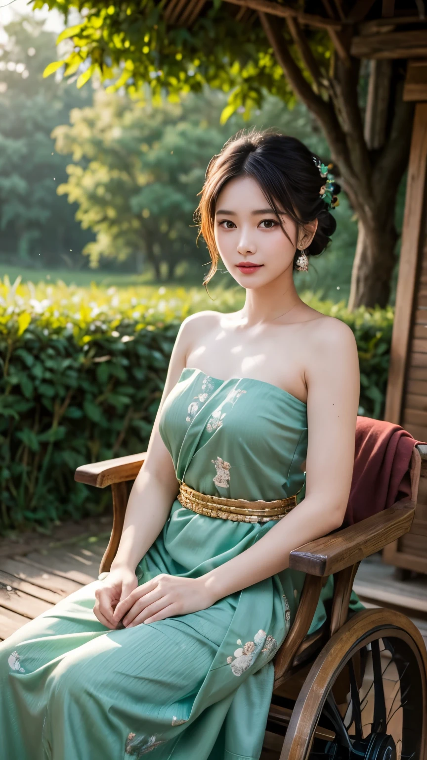 Pretty face, saree korean girl, 18 year old, background tree,