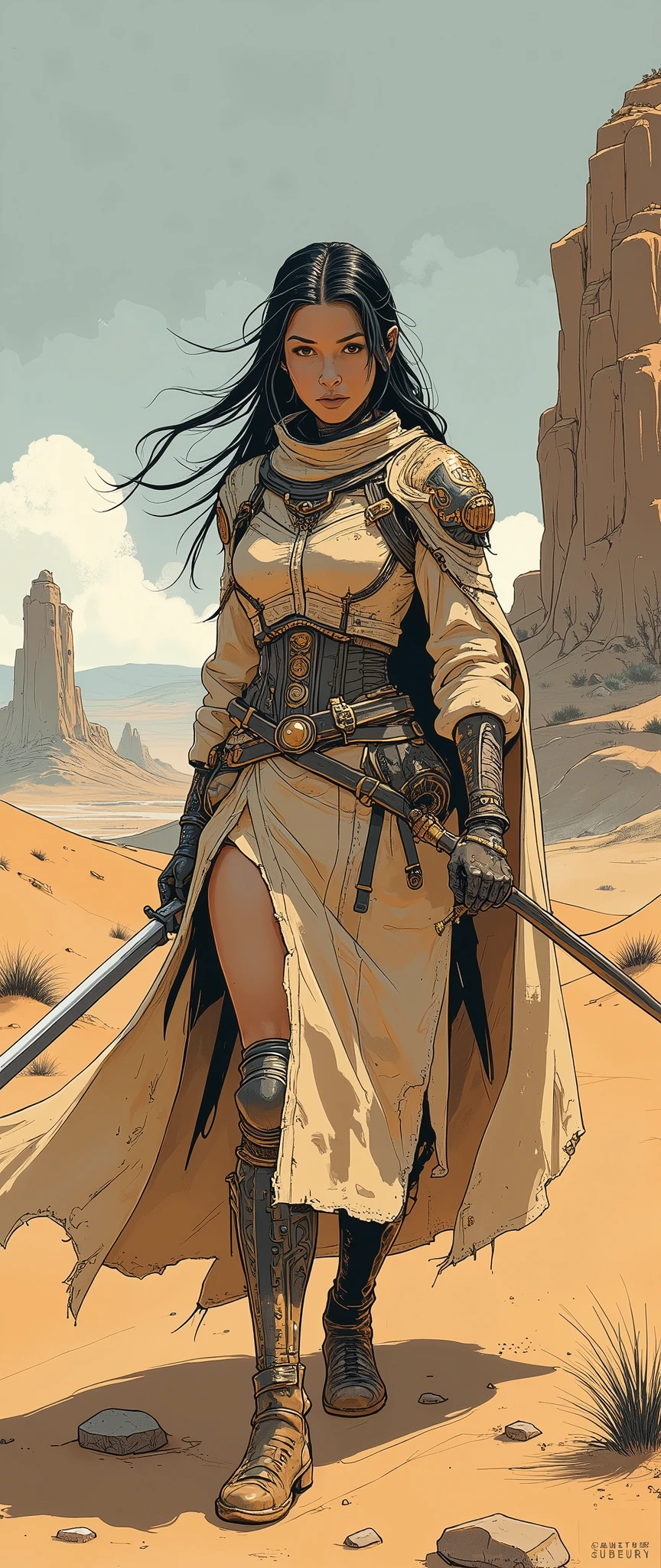 (    Masterpiece    :1.2,   top quality),(  very detailed),  best illustrations ,8k,16k,  wallpaper,(Lone traveler  ),(   Fantasy World ),(rpg),(Female Swordsman of the Desert :2.0)