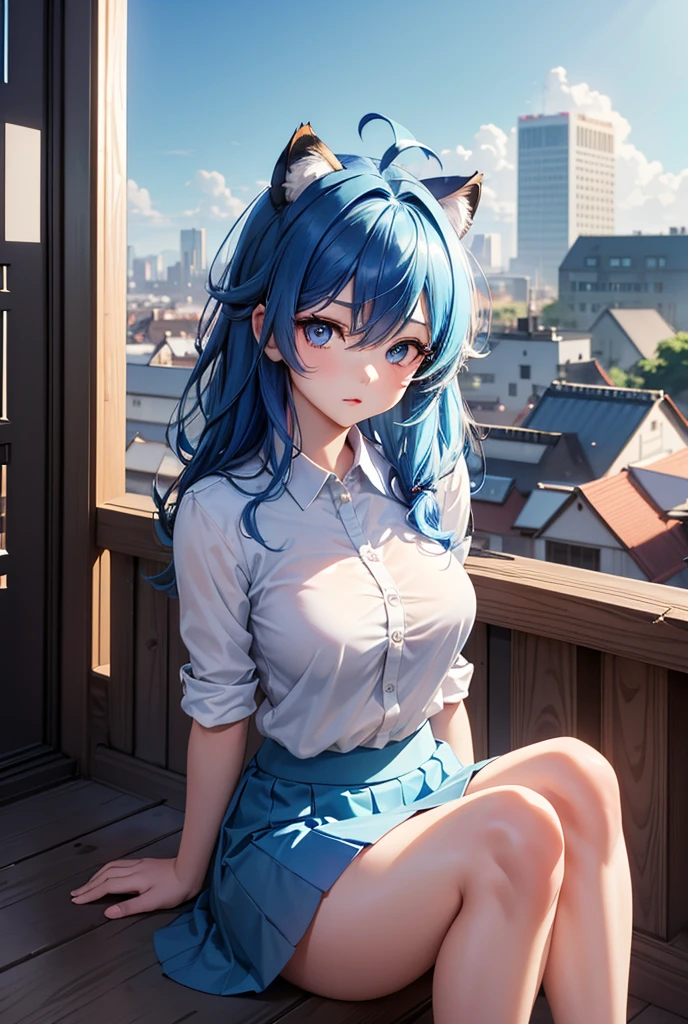 A mature girl, In blue party clothes, cat cat ears, blue looks, big breast