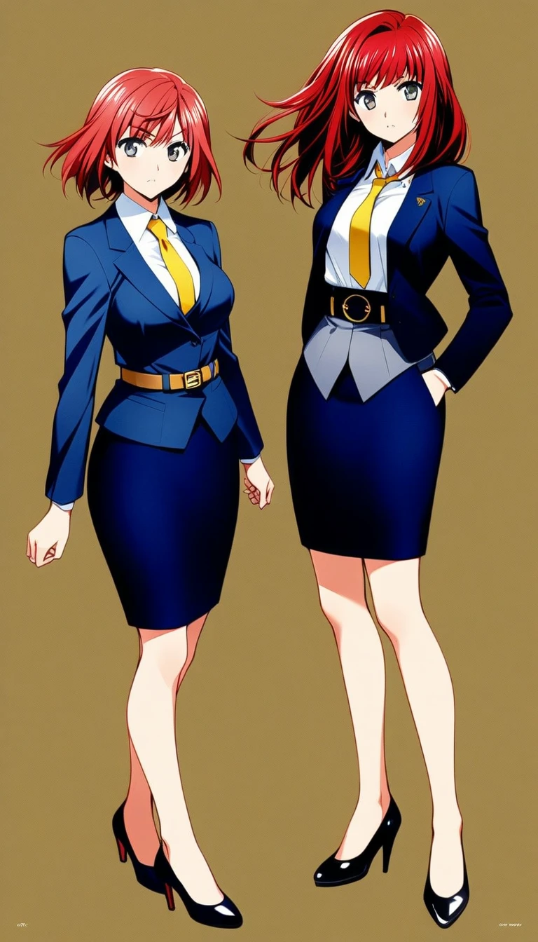 Tachibana Mayumi 、 red hair、 medium hair、bangs、 gray eyes、 full body style that reflects your whole body、 normal breasts、 narrow waist 、Bare legs、 in a suit、 navy blue jacket ,襟付き shirt, shirt, yellow tie ,belt,,  navy blue mini pencil skirt, black tights, BLACK HEEL PUMPS,