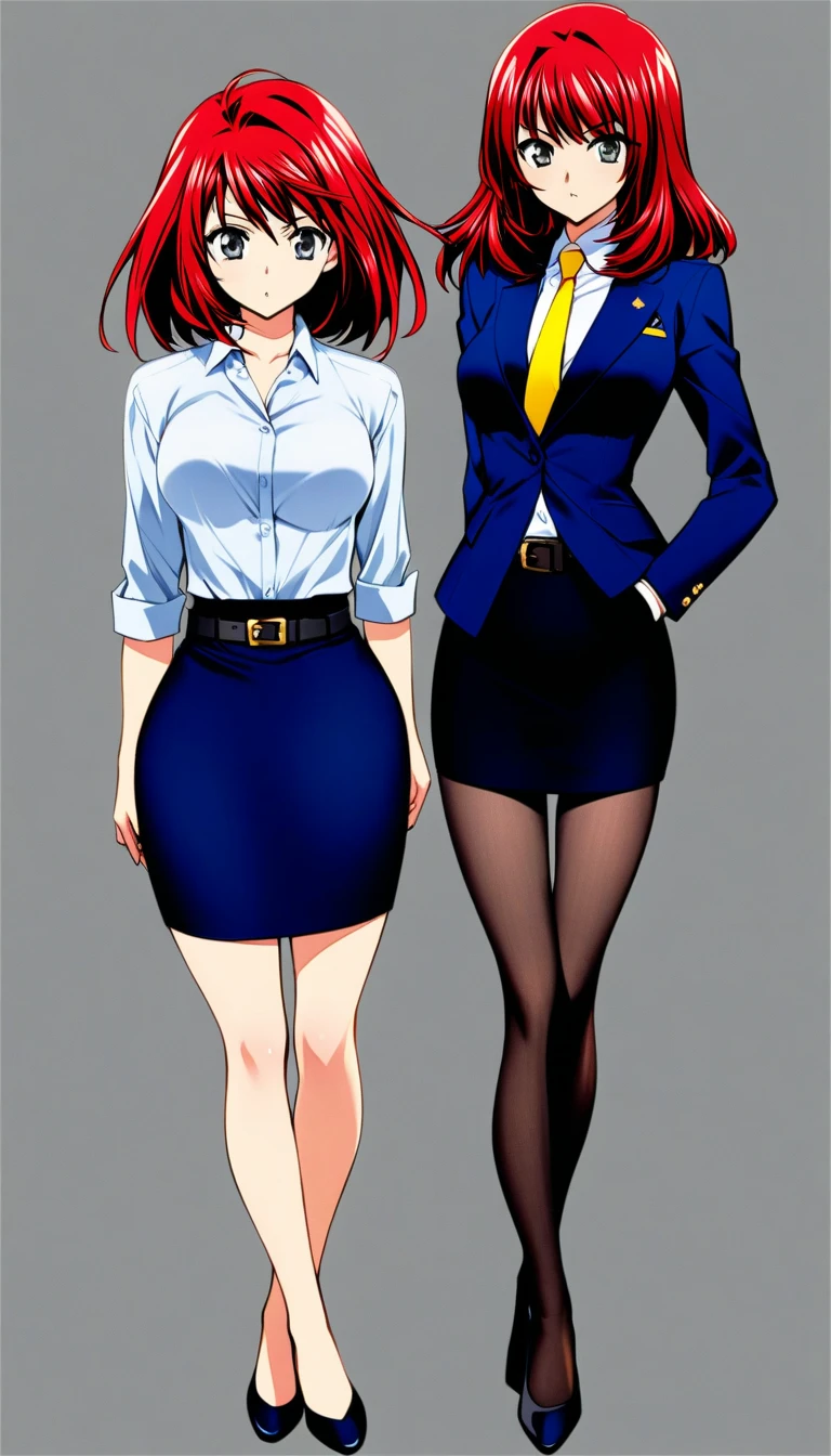 Tachibana Mayumi 、 red hair、 medium hair、bangs、 gray eyes、 full body style that reflects your whole body、 normal breasts、 narrow waist 、Bare legs、 in a suit、 navy blue jacket ,襟付き shirt, shirt, yellow tie ,belt,,  navy blue mini pencil skirt, black tights, BLACK HEEL PUMPS,