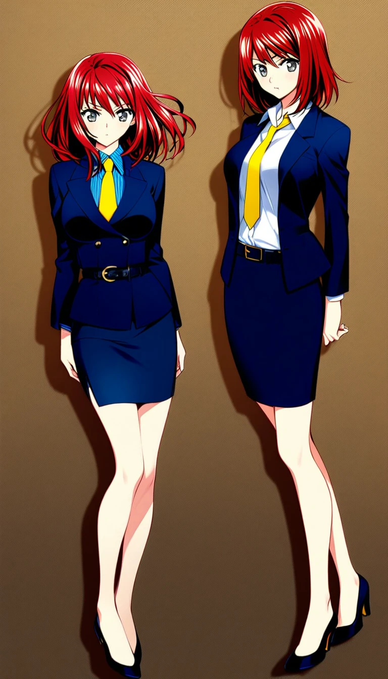 Tachibana Mayumi 、 red hair、 medium hair、bangs、 gray eyes、 full body style that reflects your whole body、 normal breasts、 narrow waist 、Bare legs、 in a suit、 navy blue jacket ,襟付き shirt, shirt, yellow tie ,belt,,  navy blue mini pencil skirt, black tights, BLACK HEEL PUMPS,