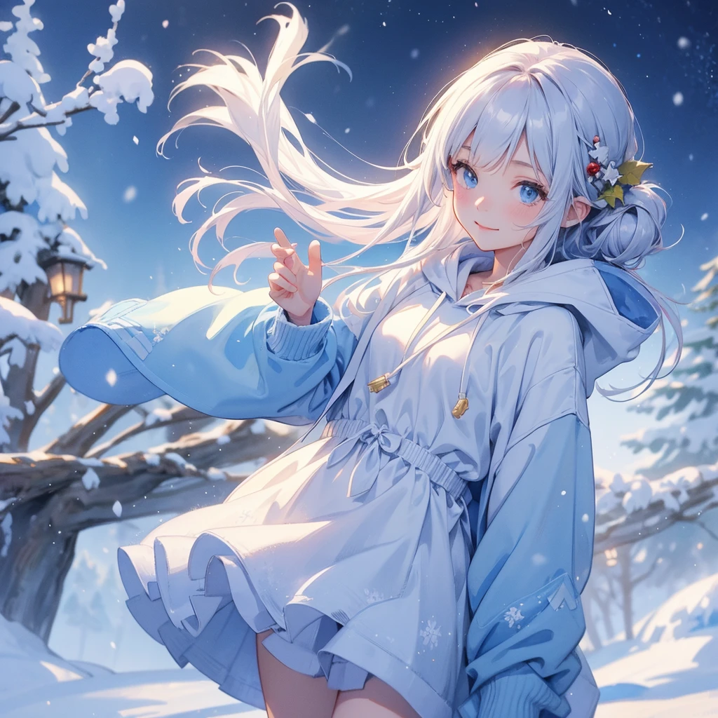 watercolor style 、snow、 Christmas、hope、Thoughts、 landscape painting、 anime character 、I'm wearing a cute hoodie、Smiling Koharu Rikka