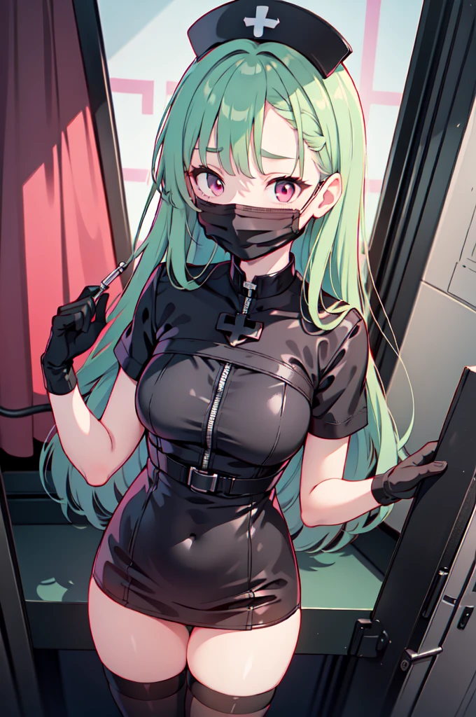 Full body, A woman in a black costume with blank parts of a maid/Batman/Ultraman, a bearded 90 year old man, several men, crowded bus, she is being grabbed by several men, she has Green hair with movement in the wind, blue eyes, huge breasts, wearing a teddy bear hair clip, anime, masterpiece, 16k, super detail, anatomically correct, UHD, textured skin