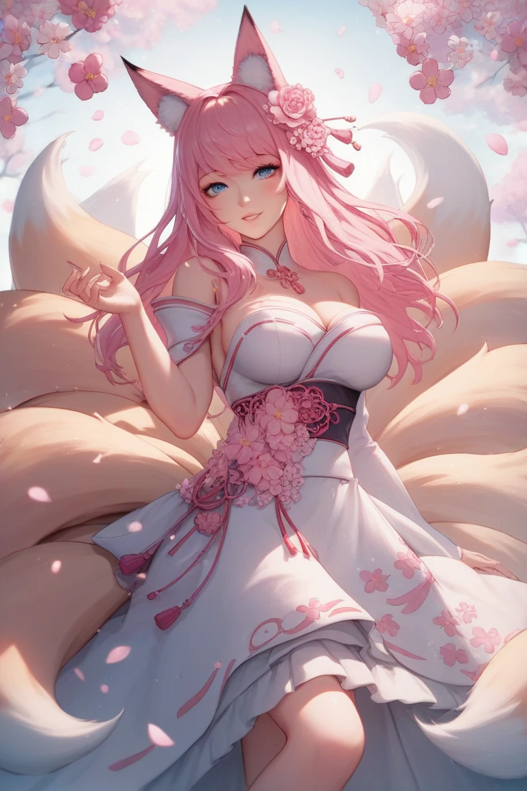 score_9,score_8,score_7,score_8_up,score_7_up、a manga style picture of a pretty girl in pink clothes and a collar, 1girl, animal ears, dress, solo, tail, pink hair, china dress, chinese clothes, covered navel, long hair, smile, virtual youtuber, breasts, looking at viewer, white dress, animal ear fluff, sleeveless, hair ornament, fox tail, purple eyes, fox ears, medium breasts, sleeveless dress, floral print, open mouth