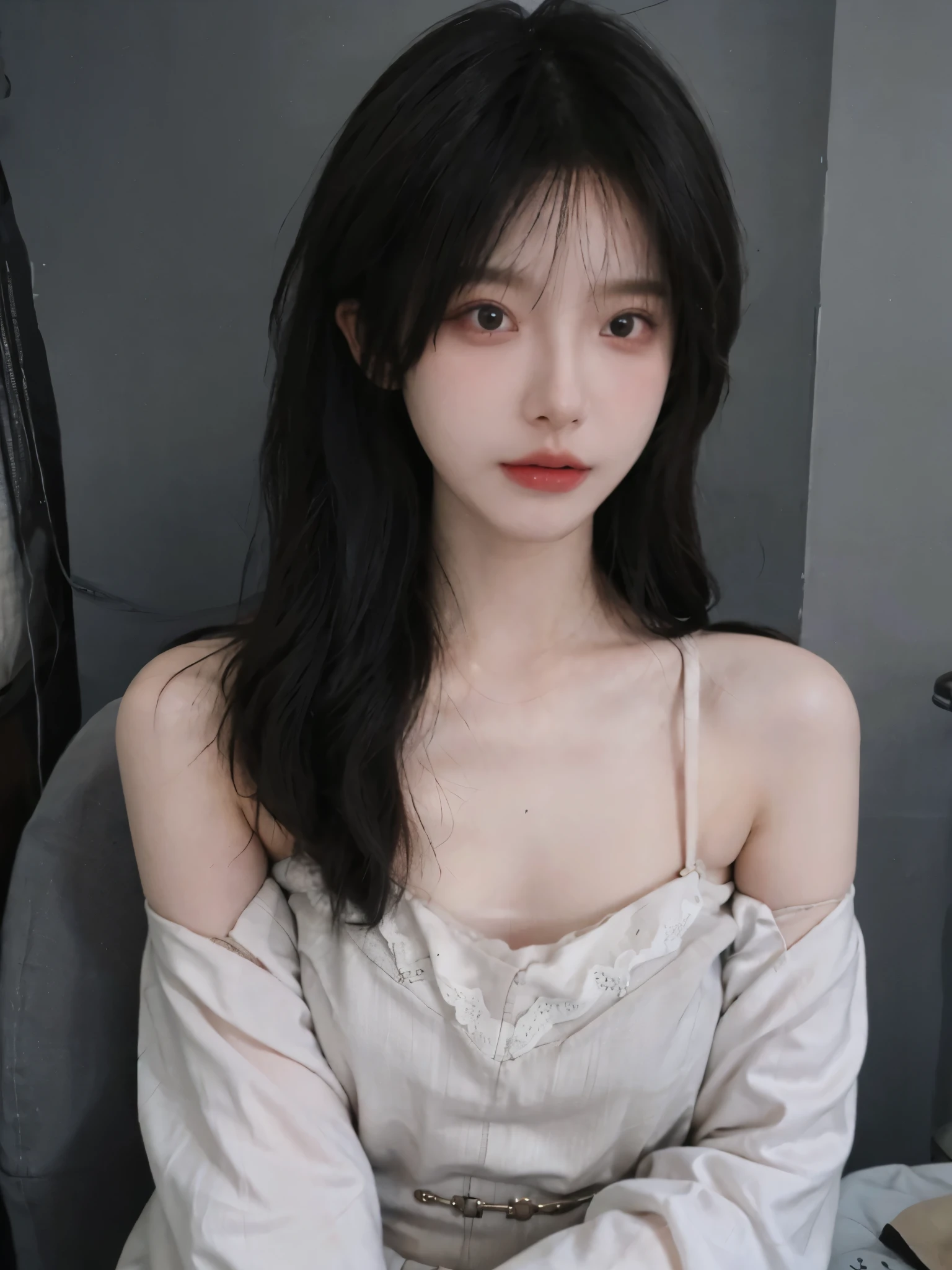 (  The original high-resolution 8K photo is a realistic ,  is the best quality)， beautiful woman in a fashion trend with beautiful beautiful breasts，  gentle and charming Chinese beauty ， South Korea,South Korea偶像， big breasts ， Delicate and sexy collarbone  ，  charming oval face  ，Rift，Double eyelids ，Smart[peach]Eye disease ，  pink lips ，[Small nose，  bare shoulders  ，Focus on the face，Close-up face，    Super Detailed   ，  Blue off-the-shoulder long-sleeved top  ，White skirt，Light red hair， Bokeh ，Lace，  Fresh and bright ， Natural color，Front Light， standing against a wall after rape ，sit，Princess chair，Normal body type，A tattoo on her chest  