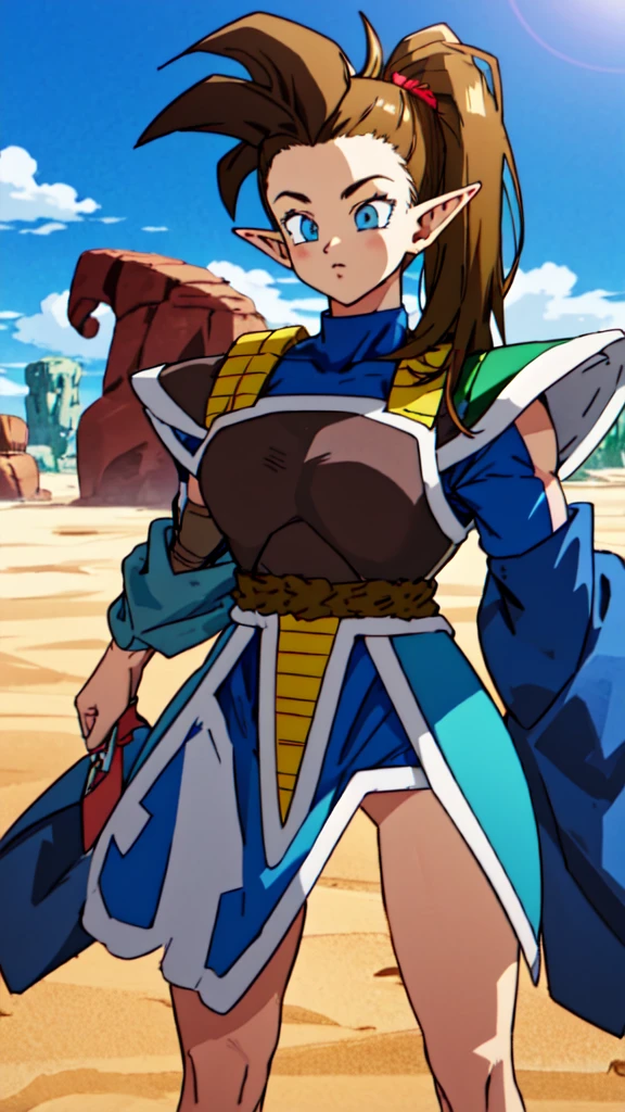 1girl, beard, sayan armor, long hair( side ponytail), brown hair, blue eyes, flaring Aura, pointed ears ((elf ears)),  in a desert, blue sky, (best quality), ((masterpiece)), (detailed),  Saiyan Scouter, Saiyan_Scouter, scouter, tinted eyewear, saiyan armor, armor