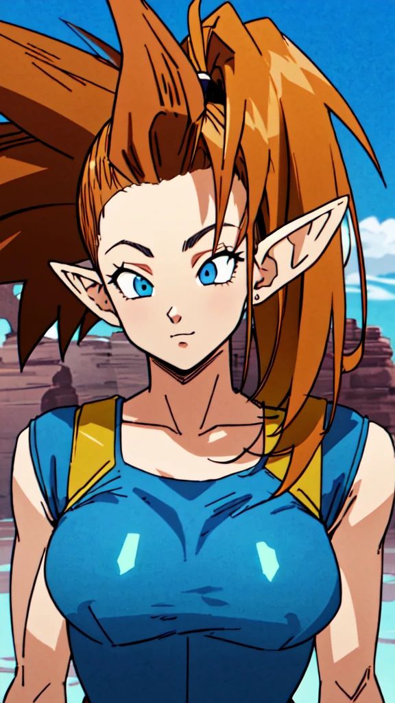 1girl, beard, sayan armor, long hair( side ponytail), brown hair, blue eyes, flaring Aura, pointed ears ((elf ears)),  in a desert, blue sky, (best quality), ((masterpiece)), (detailed),  Saiyan Scouter, Saiyan_Scouter, scouter, tinted eyewear, saiyan armor, armor