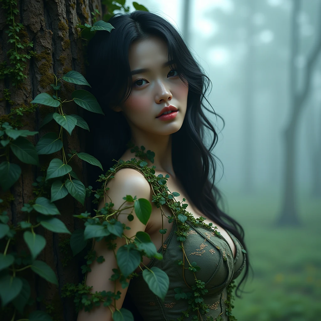 Best quality, masterpiece, Beautiful, young latina woman, village girl, looking straight at viewer, wearing simple green gown outfit, posing on field, professionalism, teen age, detailed face, detailed body, symmetric face, big cute eyes, cute face, dynamic pose, tattooed hands, deep cleavage, perfect anatomy, photorealistic, curvy body, black braid hair, 8k, ultra realistic, foggy autumn, farmhouse, wide desktop wallpaper, ambient occlusion