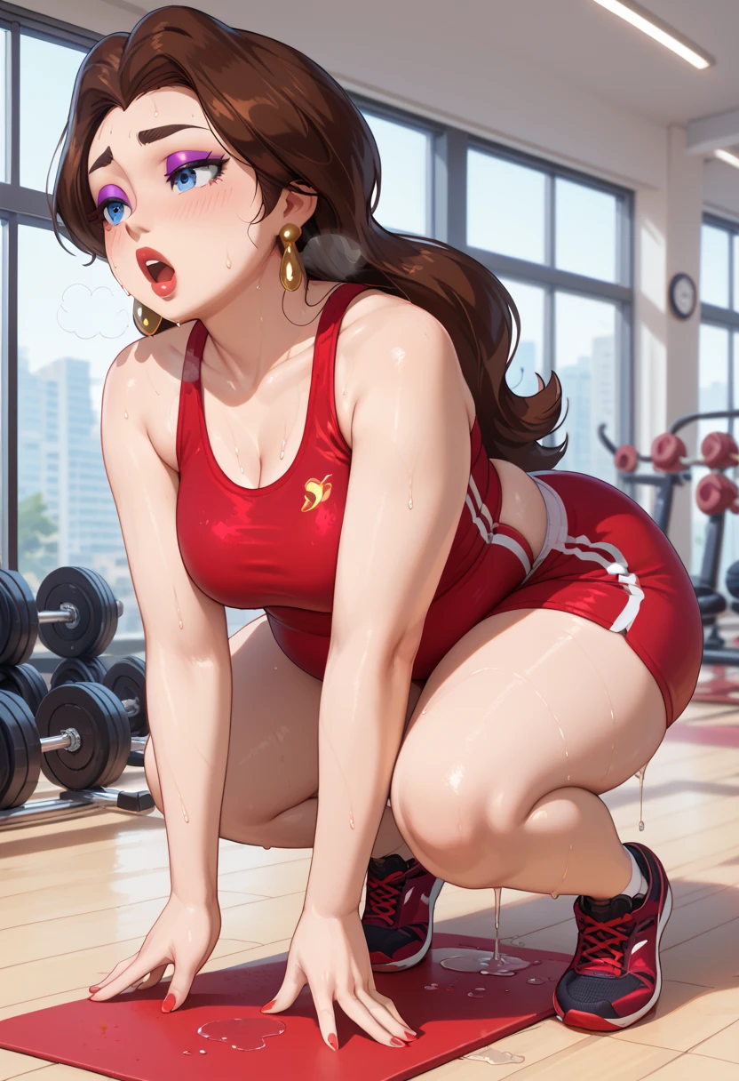 Pauline, Earrings, makeup, long brown hair, blue eyes, thick eyebrows, medium breasts, FACING VIEWER, gym background, gym concept, sport skirt, she is sporting, GYM, sweating profusely, exhausted, breathing, open mouth, steam coming out of her mouth, tight red gym shorts, tight red gym tank top, bending over, hands on knees, dripping sweat, dripplits of sweat on the floor, puddle of sweat, thick, obese, soft belly, chubby, wide hips, sexy hips, full body