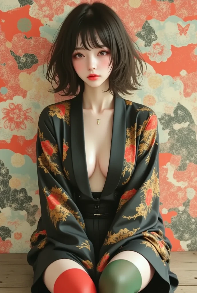 masterpiece, ultra detail,  (F cup tits), ((dynamic angle:1.8))((muscular and thick legs:1.8)). A highly detailed and elegant illustration of a young woman with short black hair and a calm, introspective expression. She is seated on a wooden ladder, dressed in a traditional Japanese kimono with intricate floral patterns in rich colors, including black, gold, and vibrant reds. The layers of her outfit reveal a mix of textures and designs, blending traditional motifs with contemporary style. She wears brightly colored stockings—one leg in deep red and the other in green—adding a bold, modern contrast. The background is a vibrant tapestry of traditional Japanese patterns, including fans, flowers, and abstract shapes, creating a harmonious yet dynamic visual effect. The overall composition exudes a balance of tradition and individuality, with a focus on the interplay of colors and textures.