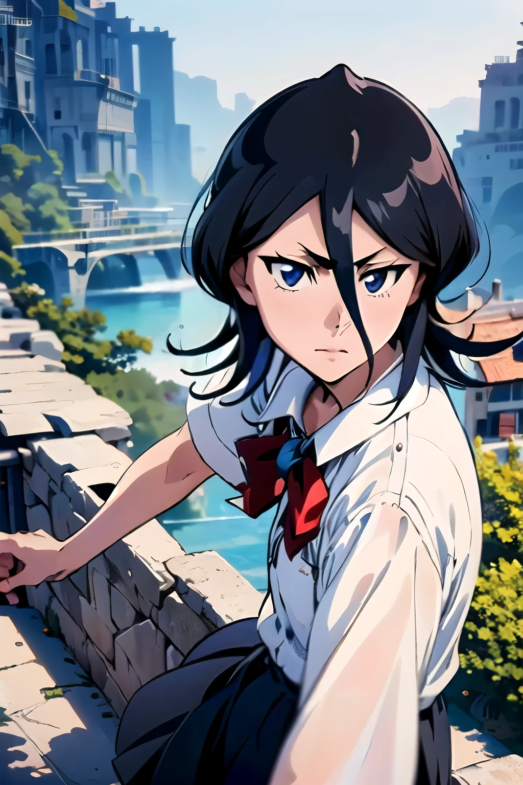 kuchiki rukia, blue eyes, black hair, hair between eyes, dress, school uniform, medium breasts, barefoot,, (masterpiece,High quality,best quality:1.4),sharp focus,(intricate, detailed:1.3),(Cinematic lighting),(detailed scenery, epic scenery),(official style, official art, official wallpaper,)