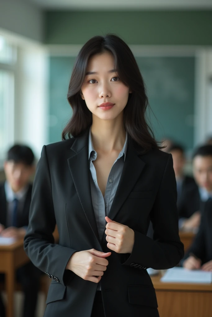 Adult sex appeal、Sexy female scholar、University lecture hall, university psychology associate professor, ((full body)), ((photo)), ((best qualtiy, 8K, tmasterpiece:1.3)), Focus:1.2, perfect figure beautiful woman:1.41woman, cowboy shot, look at viewer, eyes facing the camera, incredibly absurd, beautiful and cute woman with a photorealistic face, showcasing top-quality craftsmanship, A Japanese woman giving a lecture at a university lecture hall, 27 years old, with a bob cut and flipped hair, short bangs swept at an angle, smooth and shiny hair, natural hairline, fair and smooth skin, plump and healthy cheeks, large, jet black eyes, round eyes, long and upward-facing eyelashes, double eyelids, thin and straight eyebrows, small and round nose, plump lips, upturned corners of the mouth, charming smile, cute face, glamorous, well-balanced proportions, tall, beautiful D-cup breasts, silver-rimmed glasses, pink blouse, black tight skirt, fashion with a waist-marked silhouette, scarf, heeled shoes, vanilla perfume, beautiful, pretty older woman, glasses suit her, knowledgeable, playful, curious, smart, elegant, November